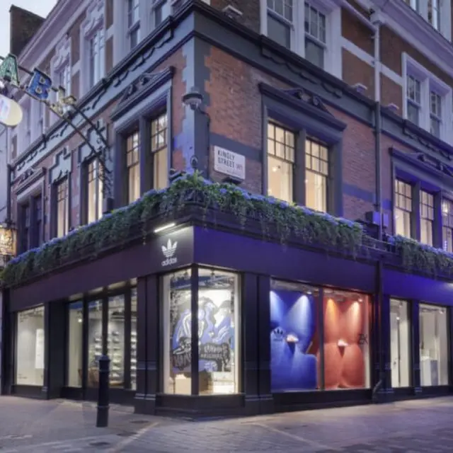 Adidas Originals flagship at dusk on the corner of Carnaby Street and Kingly Street, London; full HVAC by McVeigh